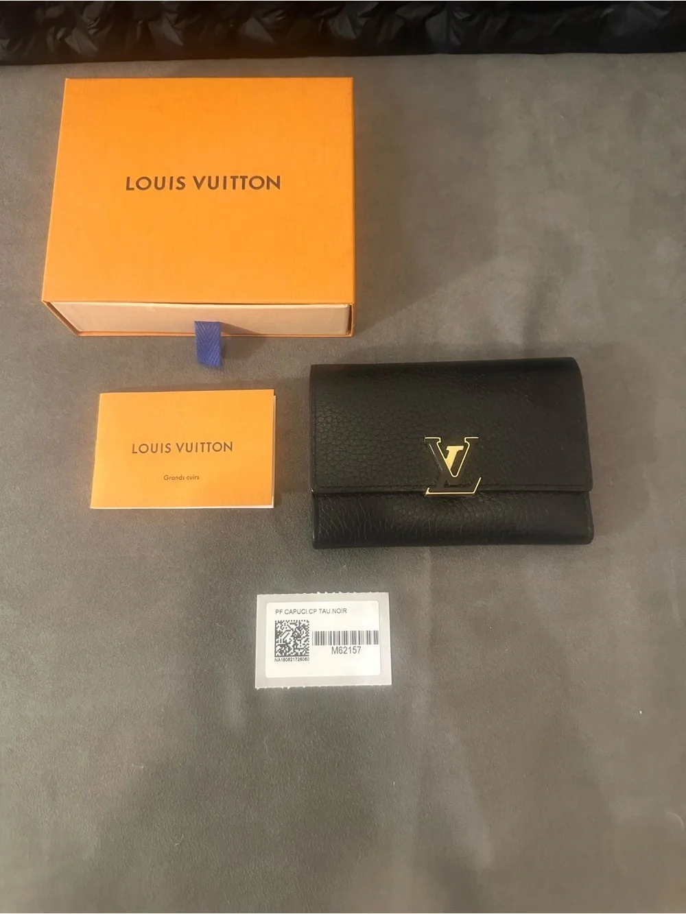 Louis Vuitton Black Leather Compact Wallet Card Holder Gold LV